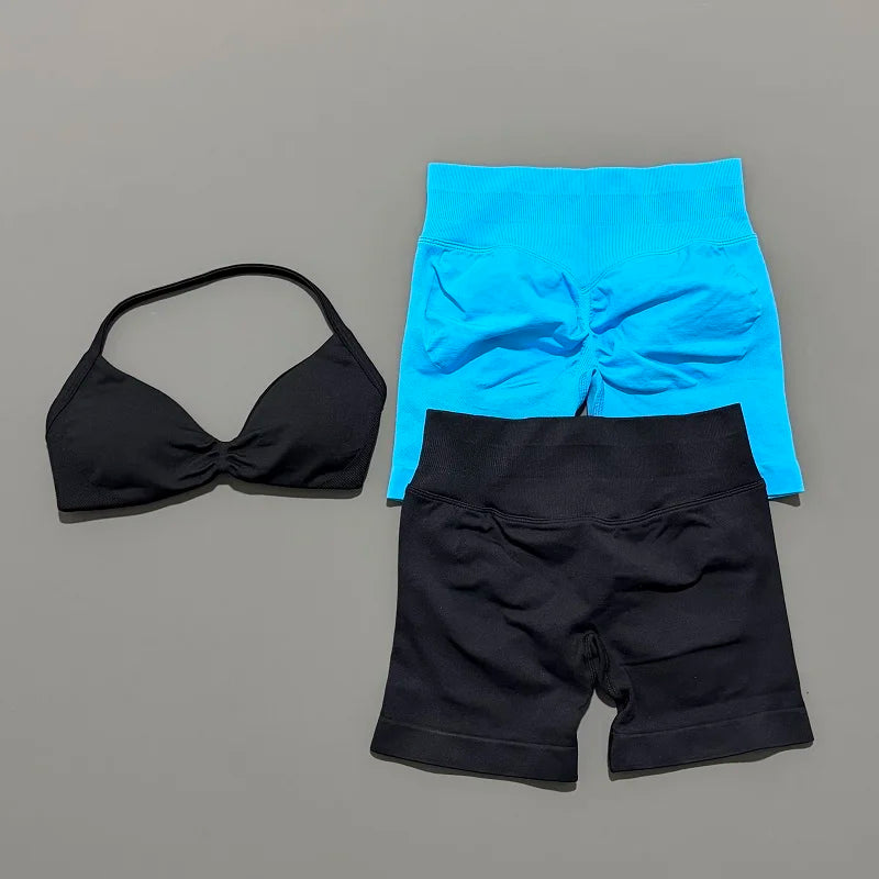 HISTELLO Sports Set 2 Piece Women Strappy Gym Yoga Bra Workout Scrunch Shorts Fitness Sports Suit Clothes Seamless Yoga Set