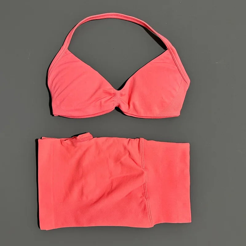 HISTELLO Sports Set 2 Piece Women Strappy Gym Yoga Bra Workout Scrunch Shorts Fitness Sports Suit Clothes Seamless Yoga Set