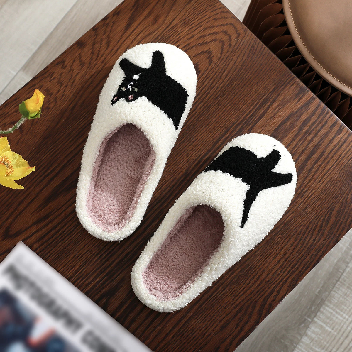 Black Cat Platform Plush Slippers