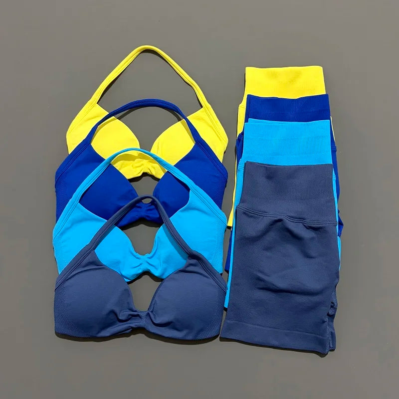 HISTELLO Sports Set 2 Piece Women Strappy Gym Yoga Bra Workout Scrunch Shorts Fitness Sports Suit Clothes Seamless Yoga Set
