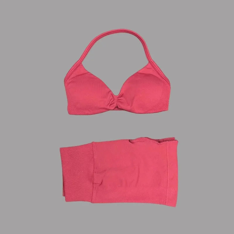 HISTELLO Sports Set 2 Piece Women Strappy Gym Yoga Bra Workout Scrunch Shorts Fitness Sports Suit Clothes Seamless Yoga Set
