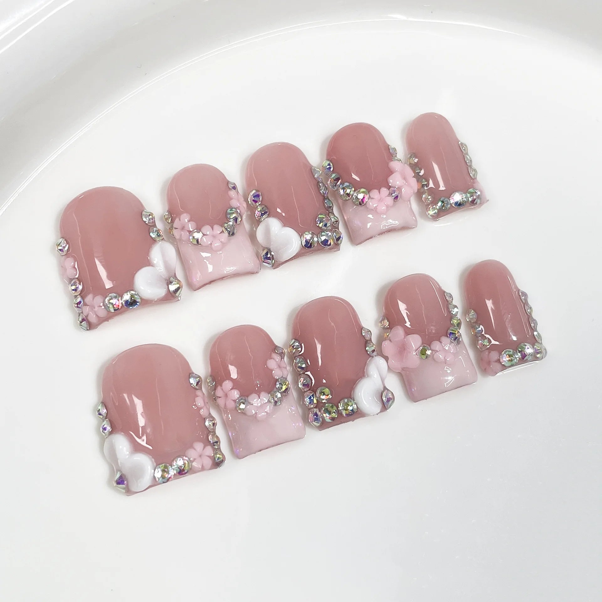 10pcs Short Duck Bill Press on Nails 3D Butterfly Flower False Nails Pink French Tip Nail Art Pearl Heart Rhinestone Fake Nails