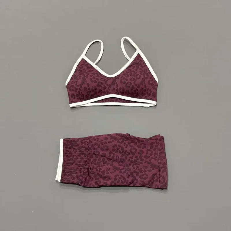 2 Pieces Leopard Print Sports Set Women Seamless Yoga Bra & High Waist Scrunch Butt Shorts Gym Workout Slim Fit Outfit