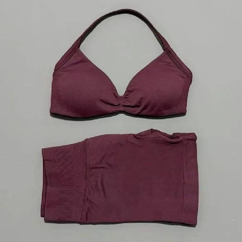 HISTELLO Sports Set 2 Piece Women Strappy Gym Yoga Bra Workout Scrunch Shorts Fitness Sports Suit Clothes Seamless Yoga Set