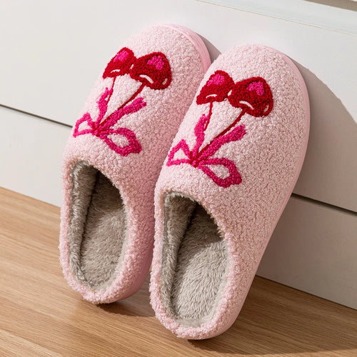 Casual Bedroom Cherry Bow Women's Slippers Cute Embroidered Pattern Winter Indoor Women's Soft Sole Warm Home Comfy Plush Shoes