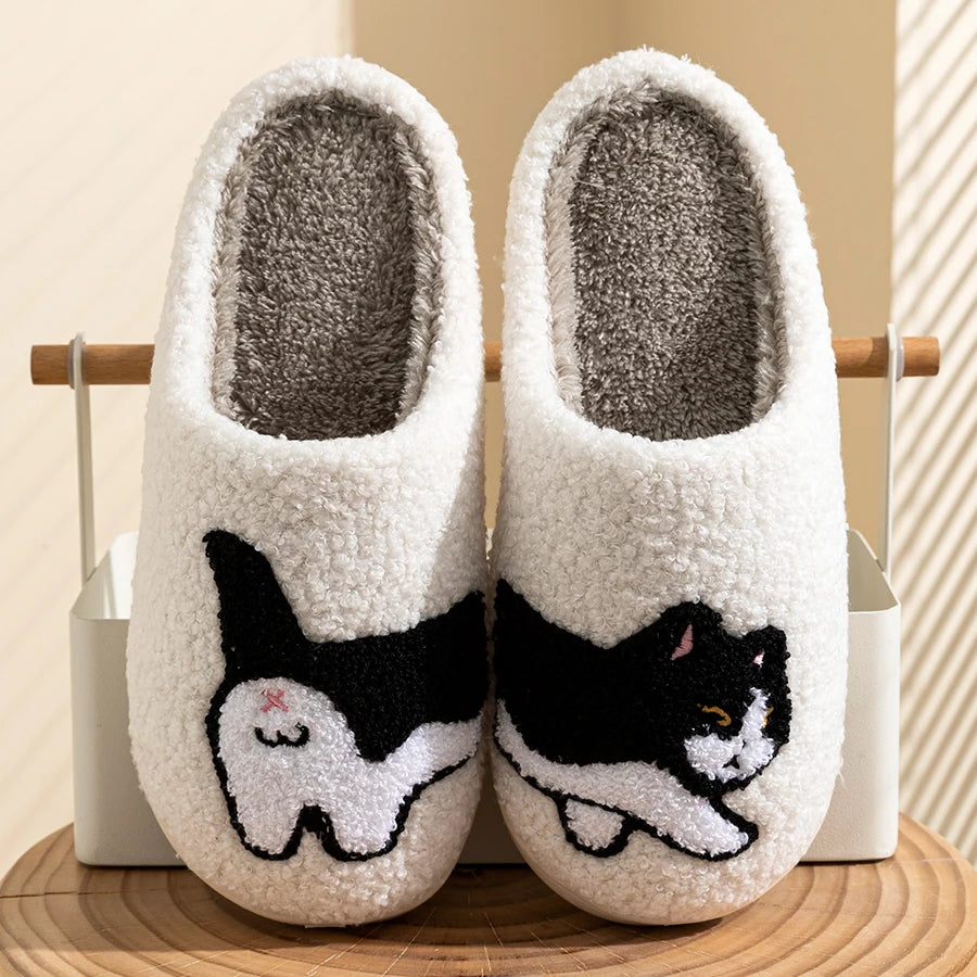 Women's Slippers Winter Indoor Warm Cute Cartoon Cat Bedroom Lightweight Soft Sole Breathable Leisure Plush Shoes Couple