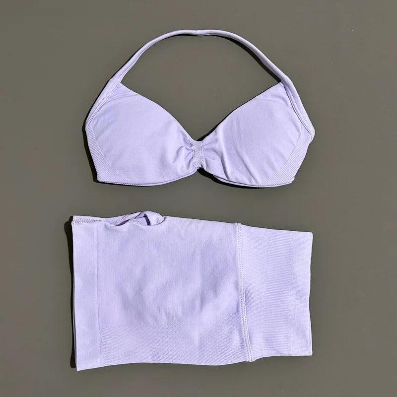 HISTELLO Sports Set 2 Piece Women Strappy Gym Yoga Bra Workout Scrunch Shorts Fitness Sports Suit Clothes Seamless Yoga Set