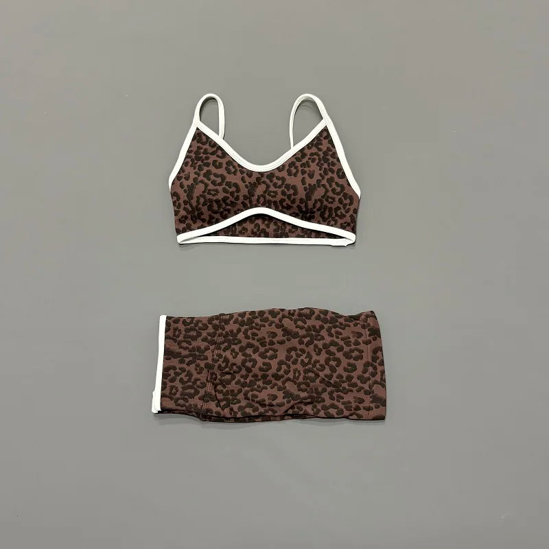 2 Pieces Leopard Print Sports Set Women Seamless Yoga Bra & High Waist Scrunch Butt Shorts Gym Workout Slim Fit Outfit