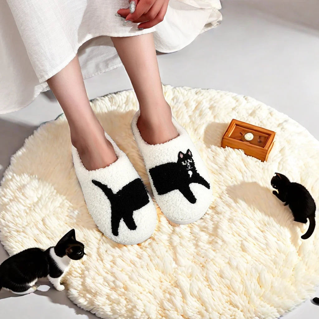 Black Cat Platform Plush Slippers