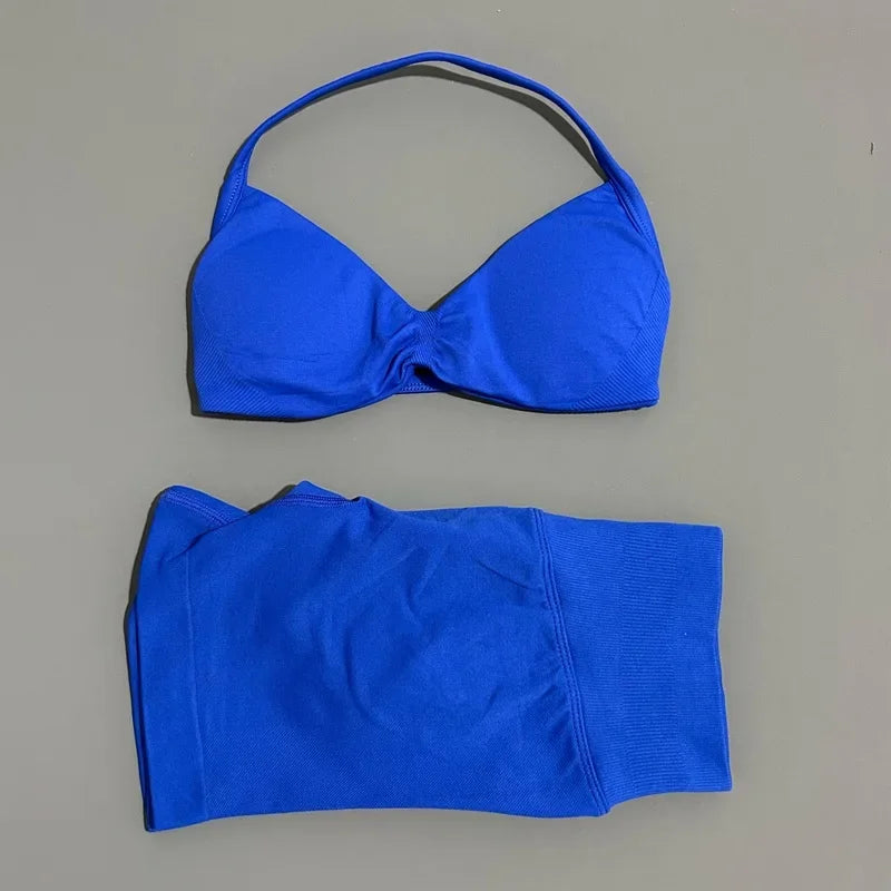 HISTELLO Sports Set 2 Piece Women Strappy Gym Yoga Bra Workout Scrunch Shorts Fitness Sports Suit Clothes Seamless Yoga Set