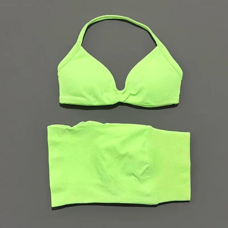 HISTELLO Sports Set 2 Piece Women Strappy Gym Yoga Bra Workout Scrunch Shorts Fitness Sports Suit Clothes Seamless Yoga Set