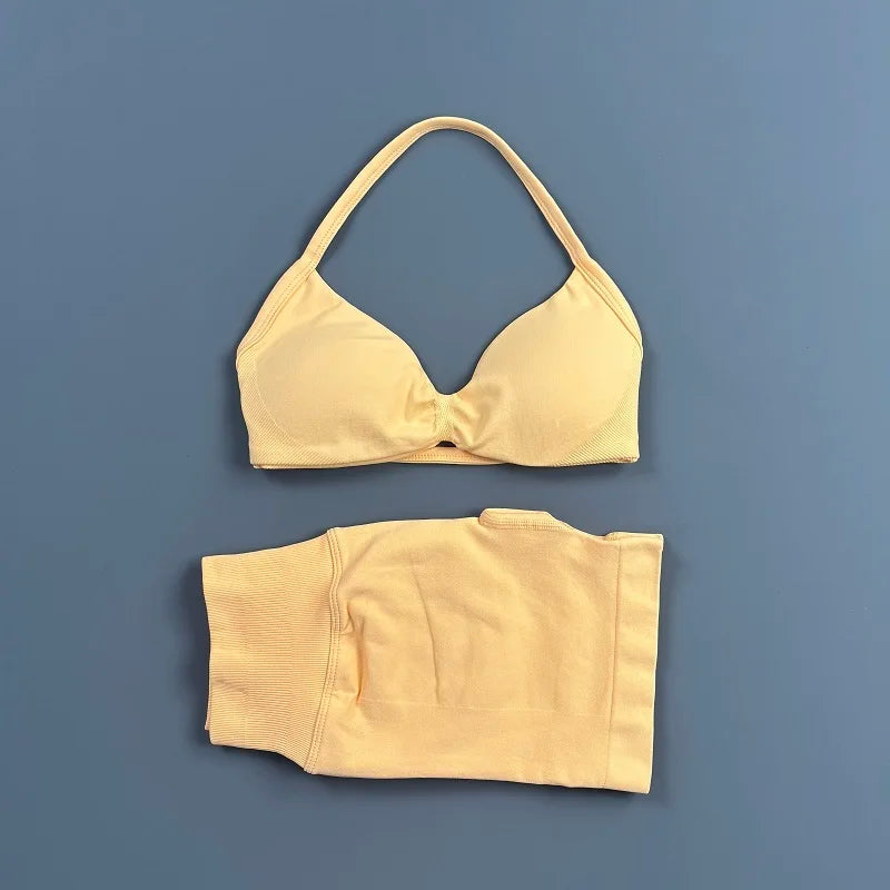 HISTELLO Sports Set 2 Piece Women Strappy Gym Yoga Bra Workout Scrunch Shorts Fitness Sports Suit Clothes Seamless Yoga Set