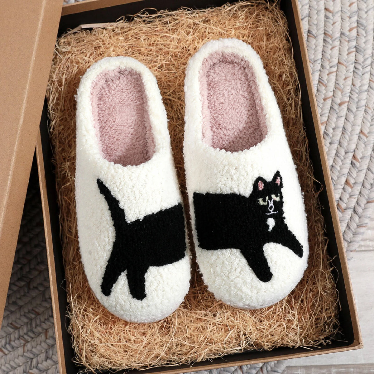 Black Cat Platform Plush Slippers
