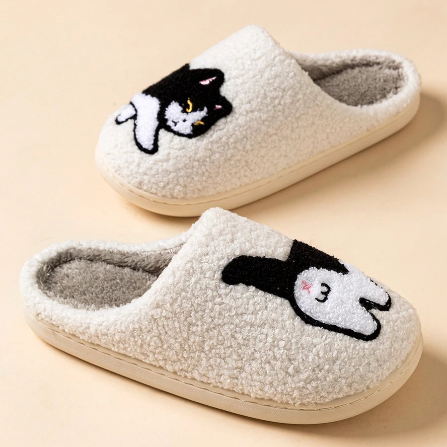 Women's Slippers Winter Indoor Warm Cute Cartoon Cat Bedroom Lightweight Soft Sole Breathable Leisure Plush Shoes Couple