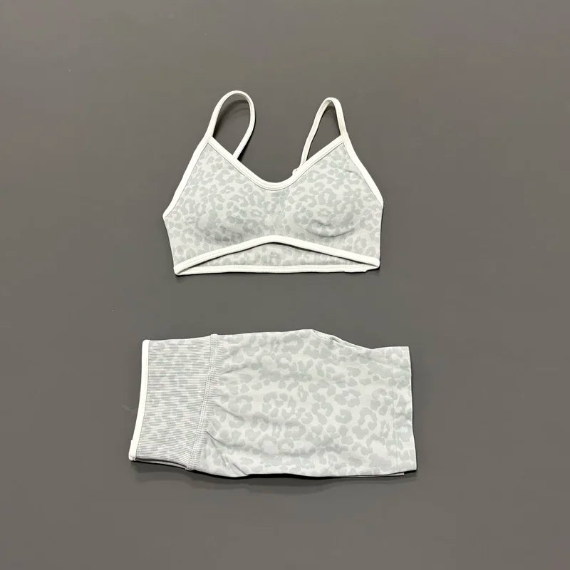 2 Pieces Leopard Print Sports Set Women Seamless Yoga Bra & High Waist Scrunch Butt Shorts Gym Workout Slim Fit Outfit