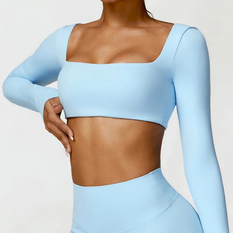 Hearuisavy Summer Casual Quick Dry Sportswear Women Square Neck Gym Top Women Fitness Sports Crop Top Long Sleeve Yoga Clothing