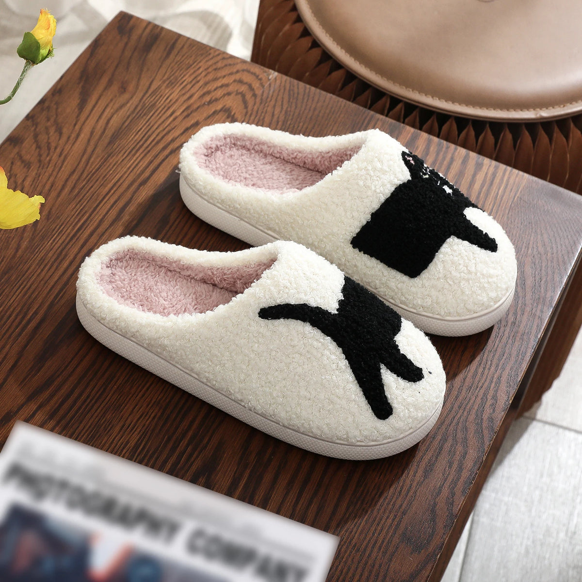 Black Cat Platform Plush Slippers