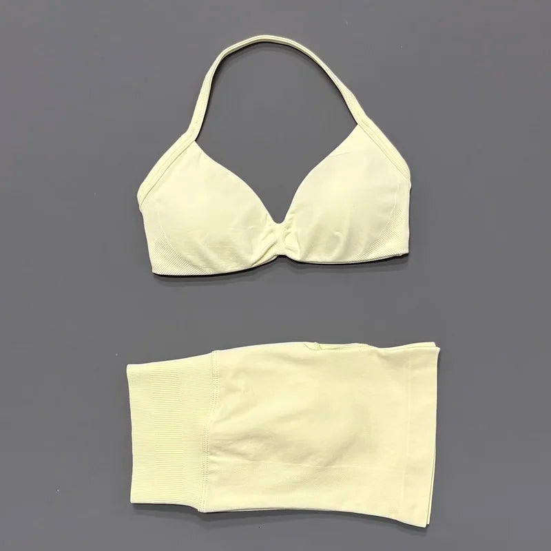 HISTELLO Sports Set 2 Piece Women Strappy Gym Yoga Bra Workout Scrunch Shorts Fitness Sports Suit Clothes Seamless Yoga Set