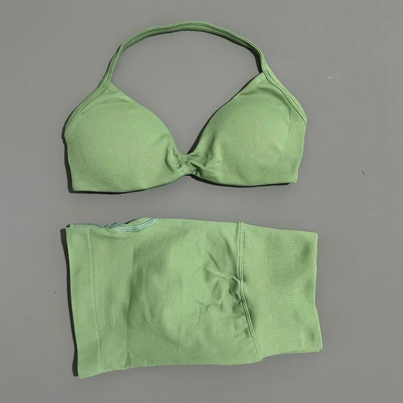 HISTELLO Sports Set 2 Piece Women Strappy Gym Yoga Bra Workout Scrunch Shorts Fitness Sports Suit Clothes Seamless Yoga Set