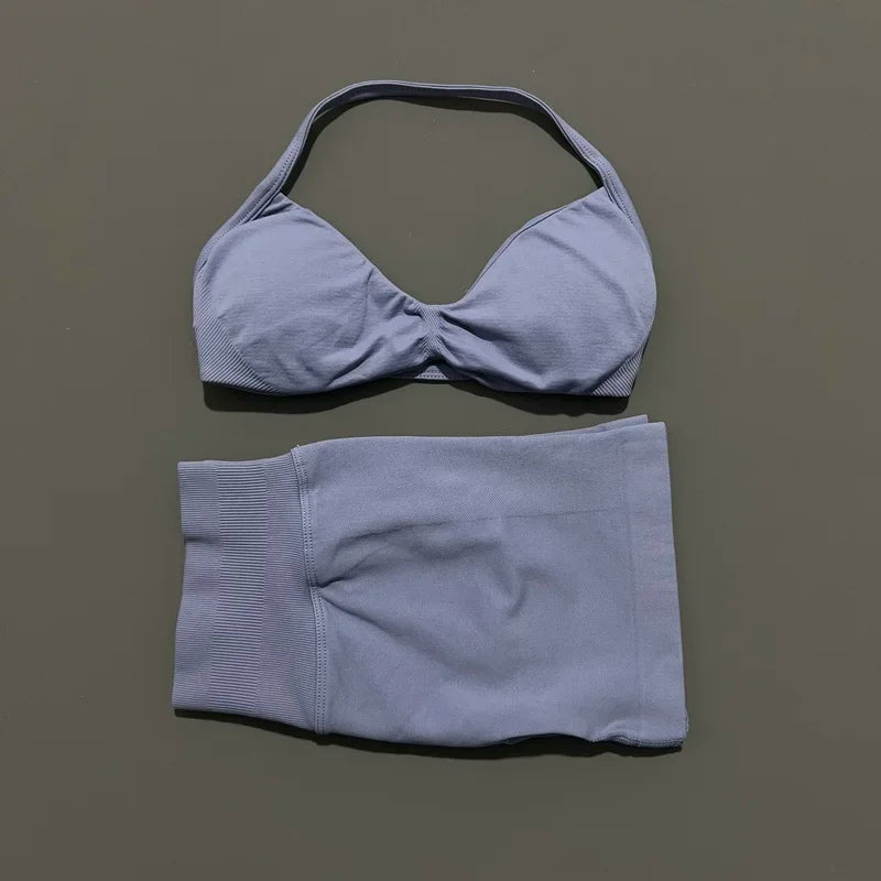 HISTELLO Sports Set 2 Piece Women Strappy Gym Yoga Bra Workout Scrunch Shorts Fitness Sports Suit Clothes Seamless Yoga Set