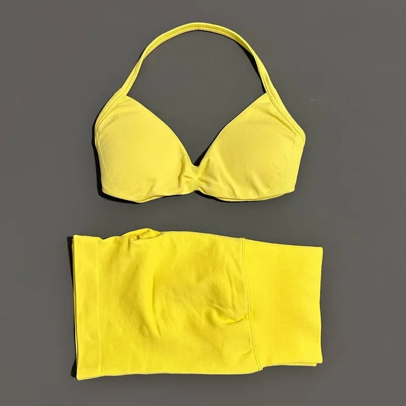 HISTELLO Sports Set 2 Piece Women Strappy Gym Yoga Bra Workout Scrunch Shorts Fitness Sports Suit Clothes Seamless Yoga Set