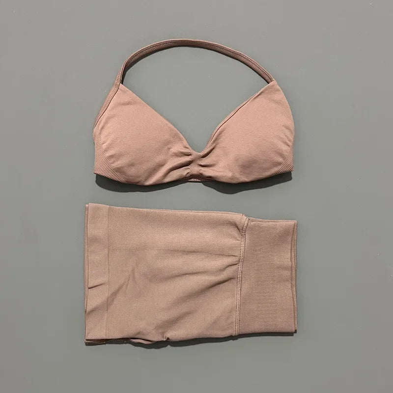 HISTELLO Sports Set 2 Piece Women Strappy Gym Yoga Bra Workout Scrunch Shorts Fitness Sports Suit Clothes Seamless Yoga Set