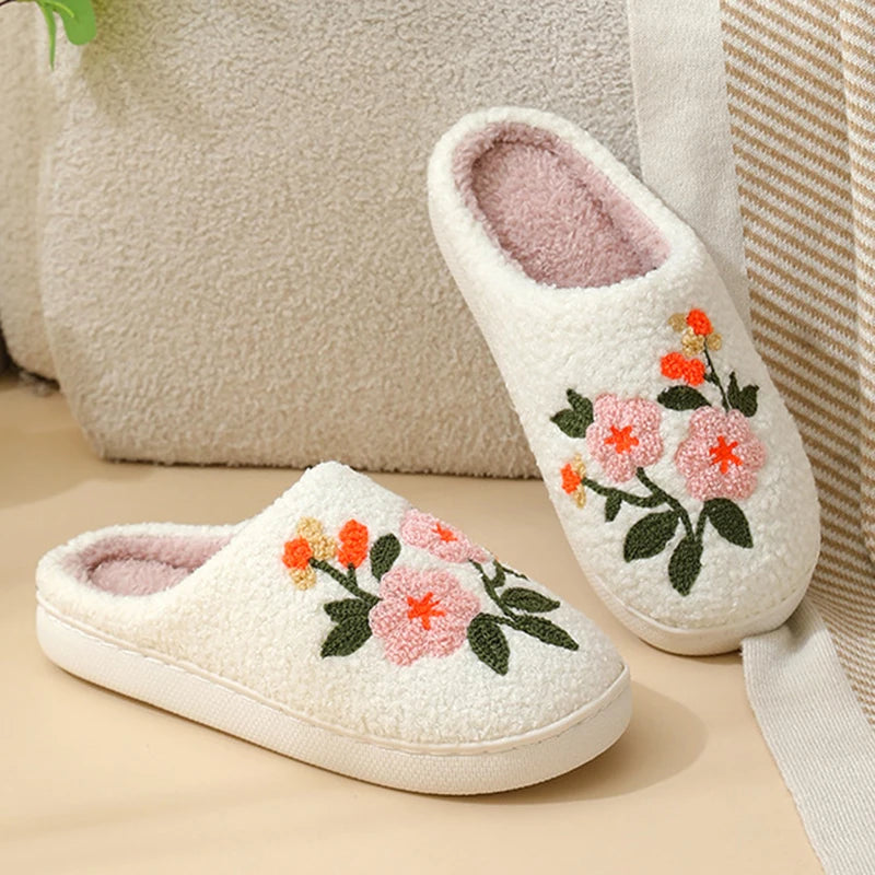 Women's Flower Embroidered Cotton Slippers Indoor Soft Sole Warm Plush Home Slippers Woman Comfort Flat Heel Winter Cotton Shoes