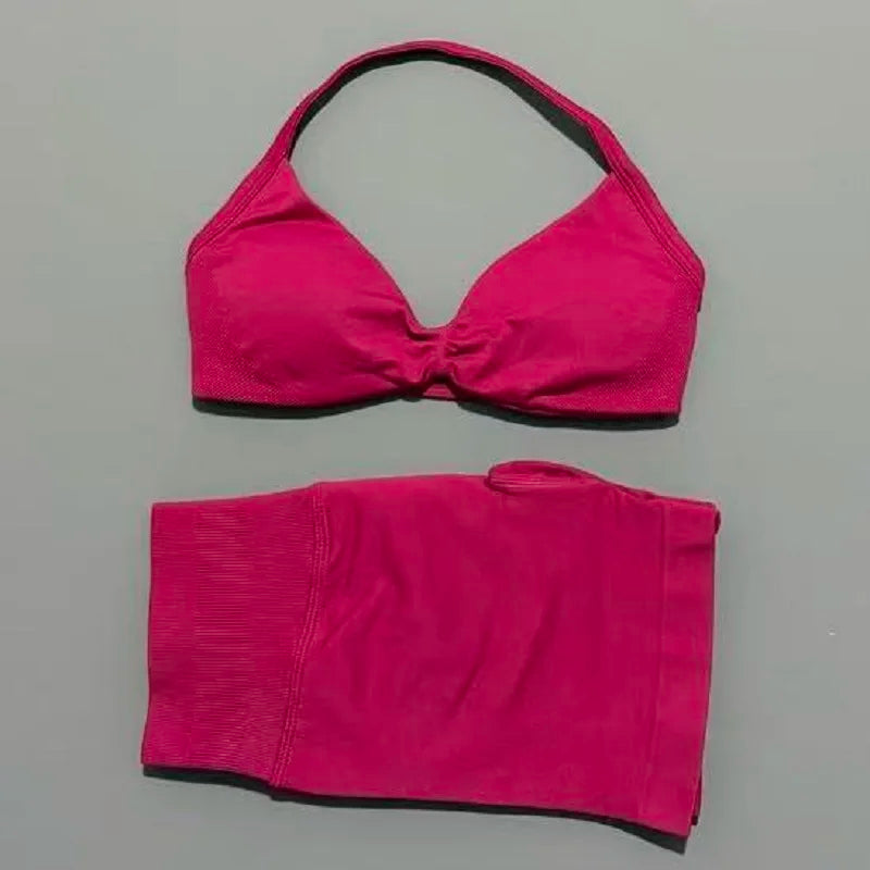 HISTELLO Sports Set 2 Piece Women Strappy Gym Yoga Bra Workout Scrunch Shorts Fitness Sports Suit Clothes Seamless Yoga Set