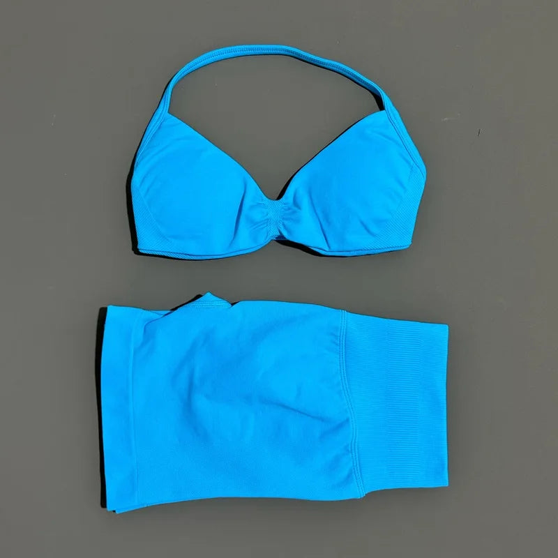 HISTELLO Sports Set 2 Piece Women Strappy Gym Yoga Bra Workout Scrunch Shorts Fitness Sports Suit Clothes Seamless Yoga Set