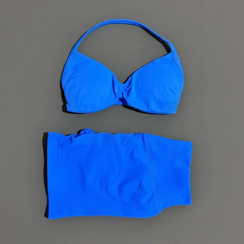 HISTELLO Sports Set 2 Piece Women Strappy Gym Yoga Bra Workout Scrunch Shorts Fitness Sports Suit Clothes Seamless Yoga Set