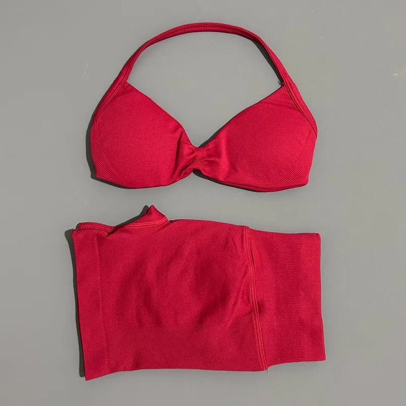HISTELLO Sports Set 2 Piece Women Strappy Gym Yoga Bra Workout Scrunch Shorts Fitness Sports Suit Clothes Seamless Yoga Set