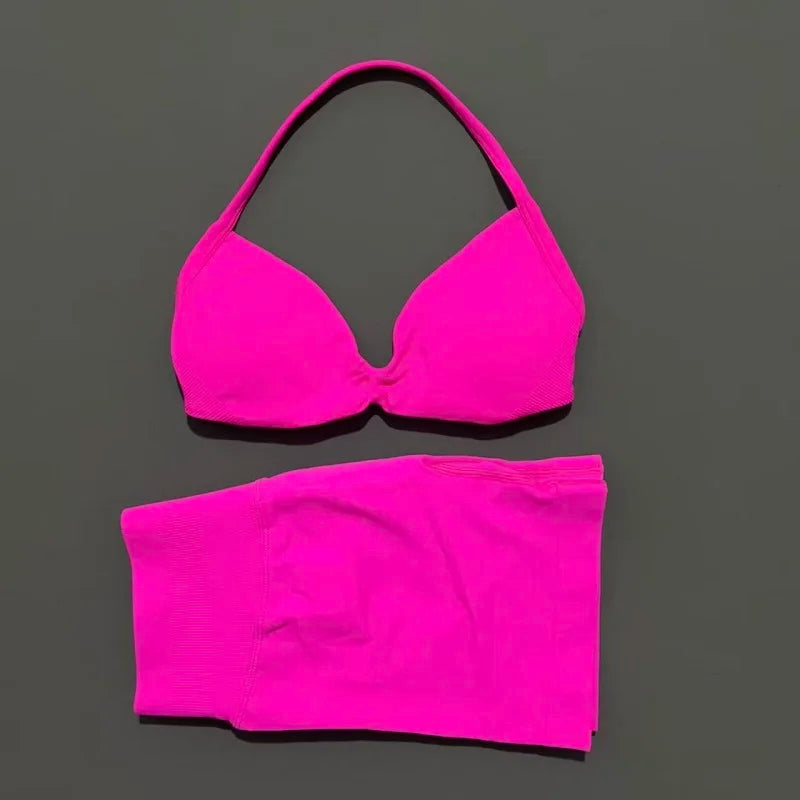 HISTELLO Sports Set 2 Piece Women Strappy Gym Yoga Bra Workout Scrunch Shorts Fitness Sports Suit Clothes Seamless Yoga Set