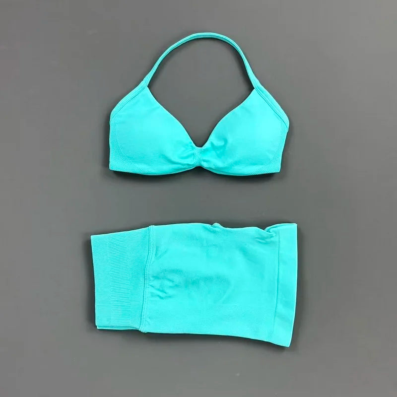 HISTELLO Sports Set 2 Piece Women Strappy Gym Yoga Bra Workout Scrunch Shorts Fitness Sports Suit Clothes Seamless Yoga Set