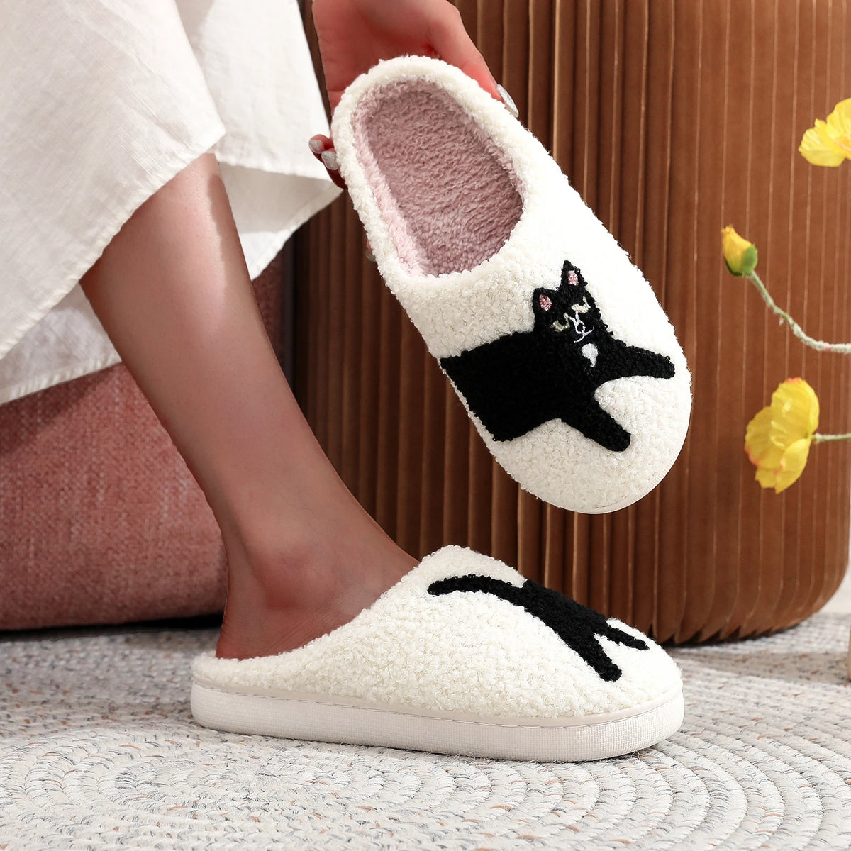 Black Cat Platform Plush Slippers