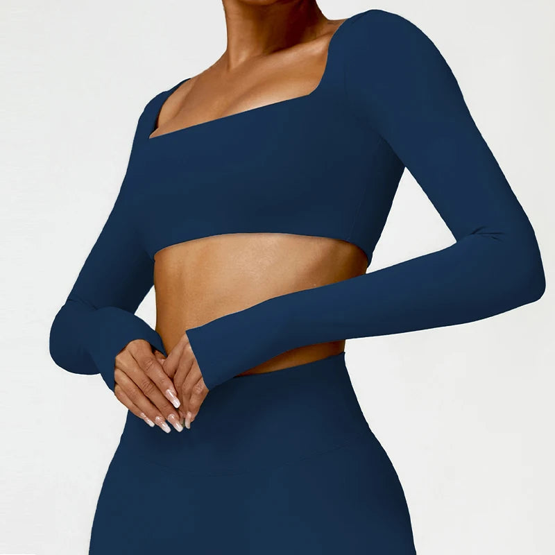 Hearuisavy Summer Casual Quick Dry Sportswear Women Square Neck Gym Top Women Fitness Sports Crop Top Long Sleeve Yoga Clothing