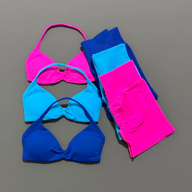 HISTELLO Sports Set 2 Piece Women Strappy Gym Yoga Bra Workout Scrunch Shorts Fitness Sports Suit Clothes Seamless Yoga Set