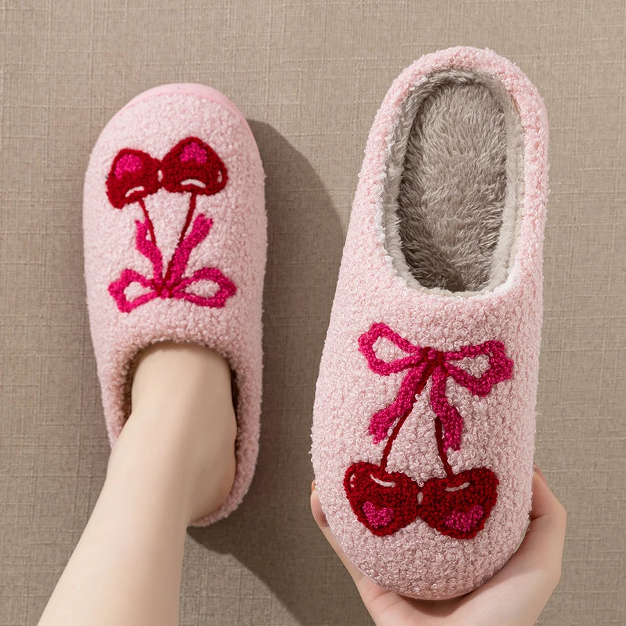 Casual Bedroom Cherry Bow Women's Slippers Cute Embroidered Pattern Winter Indoor Women's Soft Sole Warm Home Comfy Plush Shoes