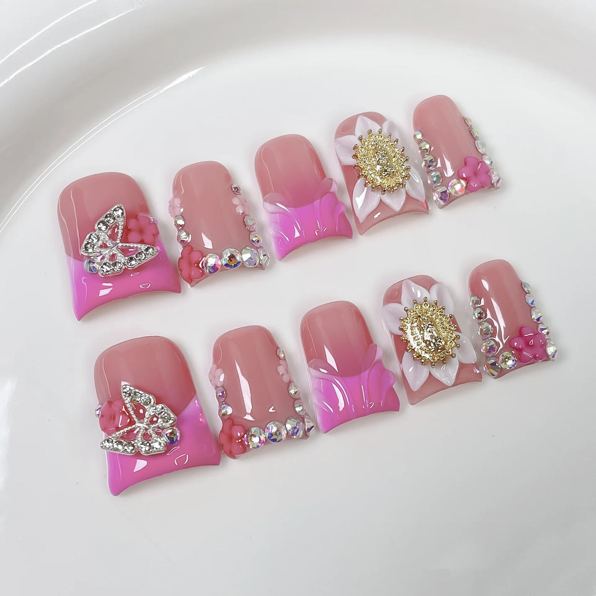 10pcs Short Duck Bill Press on Nails 3D Butterfly Flower False Nails Pink French Tip Nail Art Pearl Heart Rhinestone Fake Nails