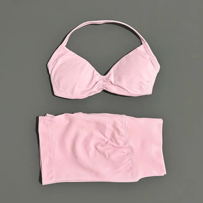 HISTELLO Sports Set 2 Piece Women Strappy Gym Yoga Bra Workout Scrunch Shorts Fitness Sports Suit Clothes Seamless Yoga Set