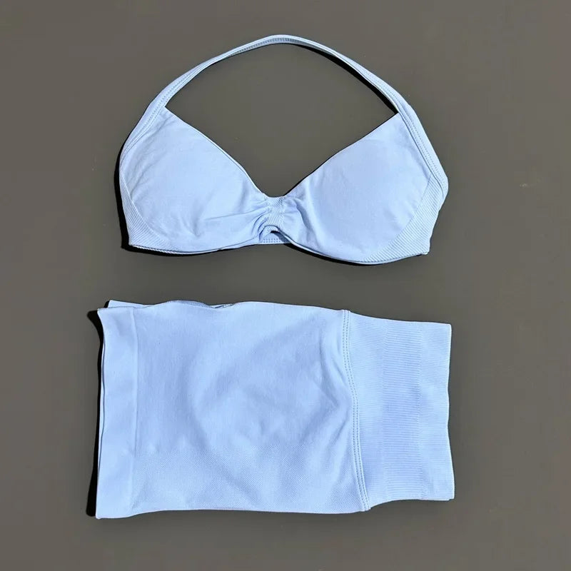 HISTELLO Sports Set 2 Piece Women Strappy Gym Yoga Bra Workout Scrunch Shorts Fitness Sports Suit Clothes Seamless Yoga Set