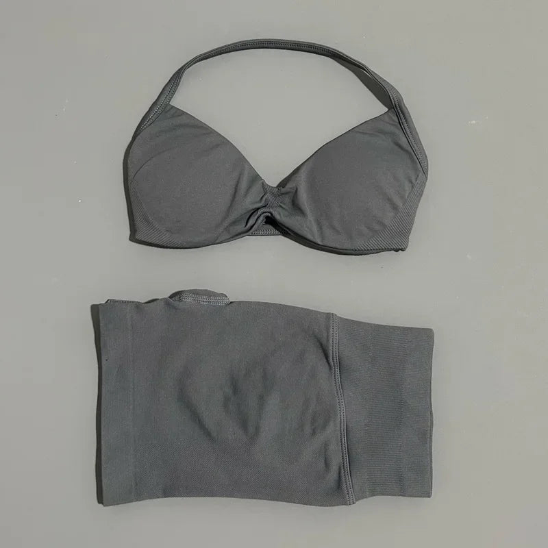 HISTELLO Sports Set 2 Piece Women Strappy Gym Yoga Bra Workout Scrunch Shorts Fitness Sports Suit Clothes Seamless Yoga Set