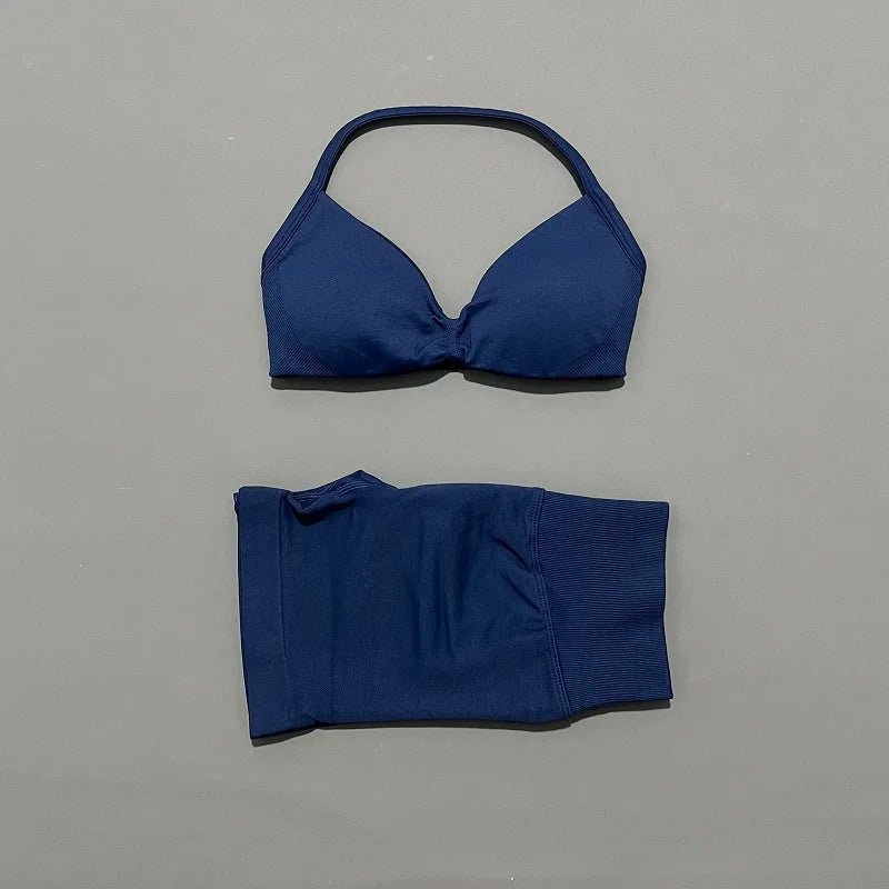 HISTELLO Sports Set 2 Piece Women Strappy Gym Yoga Bra Workout Scrunch Shorts Fitness Sports Suit Clothes Seamless Yoga Set