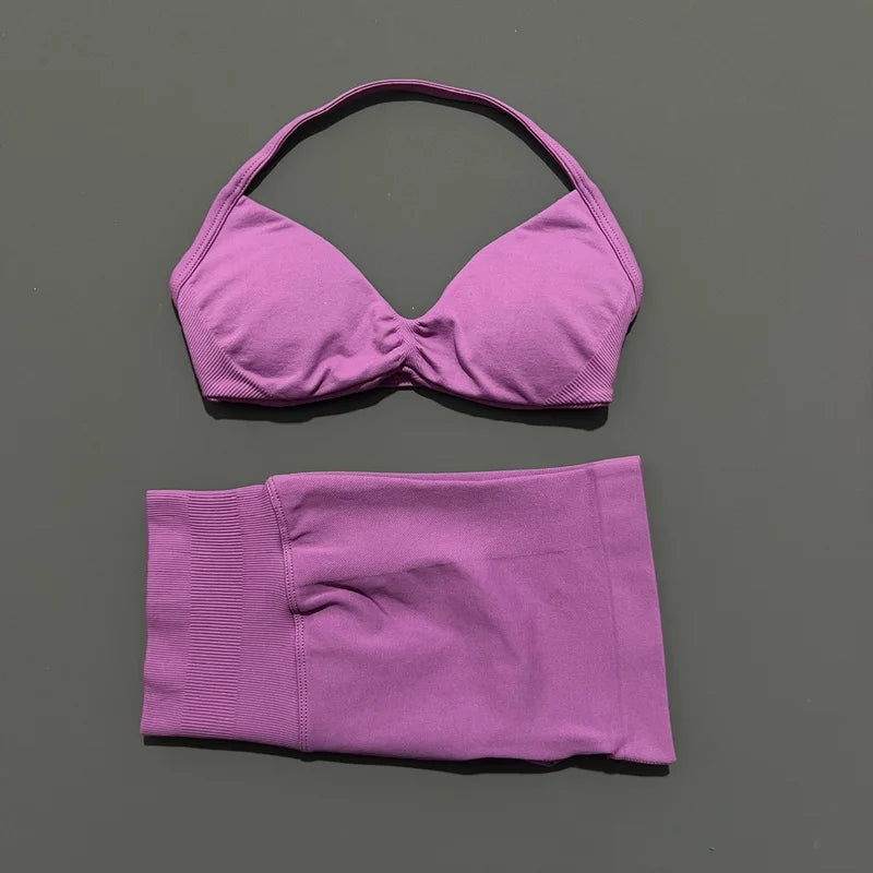 HISTELLO Sports Set 2 Piece Women Strappy Gym Yoga Bra Workout Scrunch Shorts Fitness Sports Suit Clothes Seamless Yoga Set