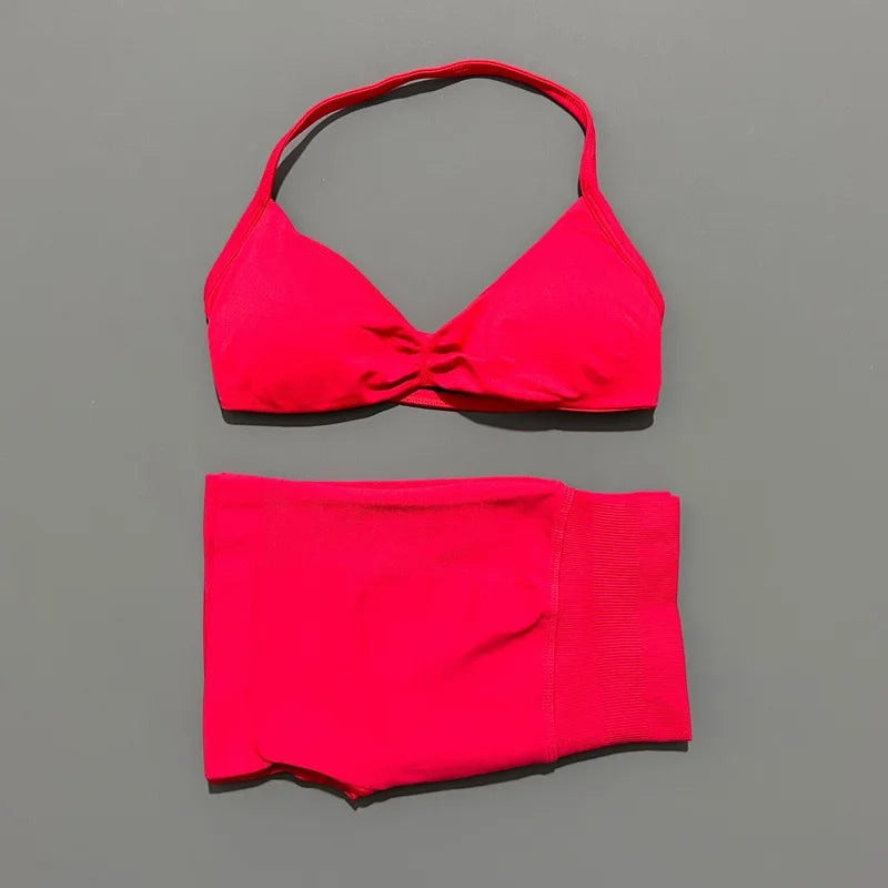 HISTELLO Sports Set 2 Piece Women Strappy Gym Yoga Bra Workout Scrunch Shorts Fitness Sports Suit Clothes Seamless Yoga Set