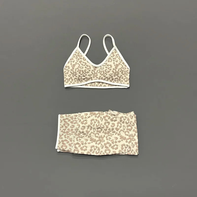 2 Pieces Leopard Print Sports Set Women Seamless Yoga Bra & High Waist Scrunch Butt Shorts Gym Workout Slim Fit Outfit