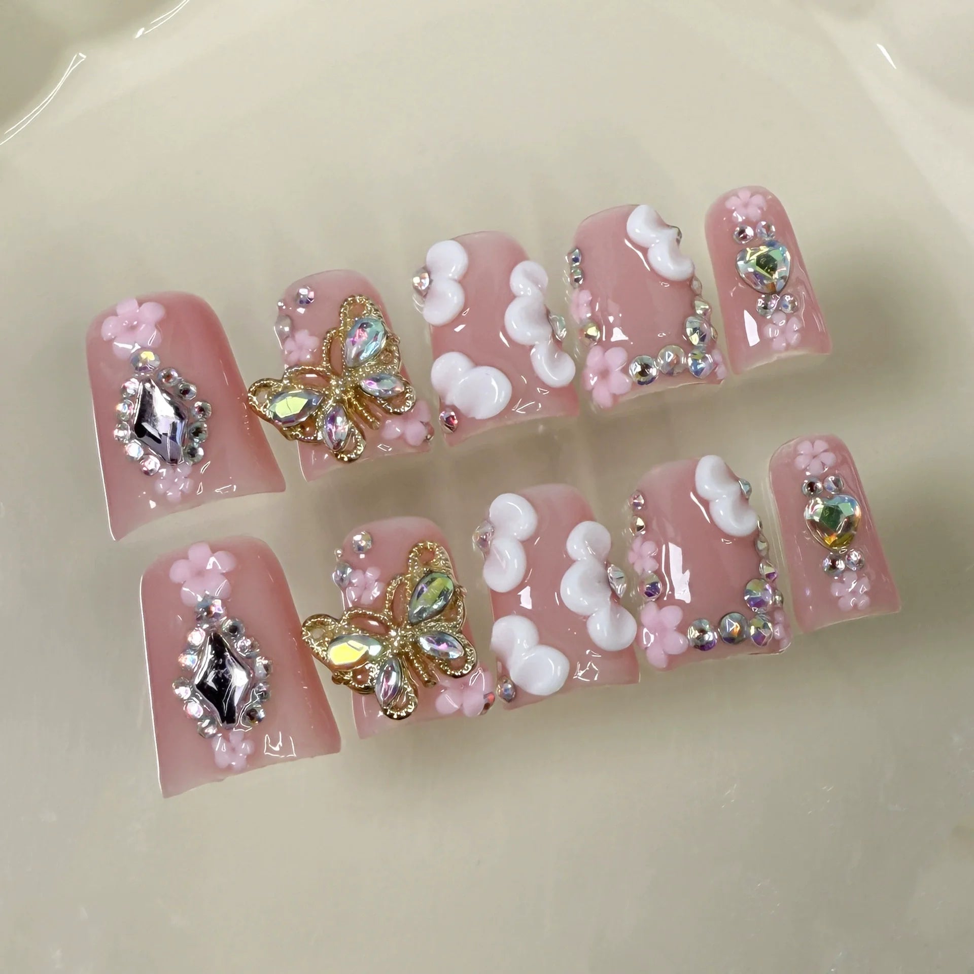 10pcs Short Duck Bill Press on Nails 3D Butterfly Flower False Nails Pink French Tip Nail Art Pearl Heart Rhinestone Fake Nails