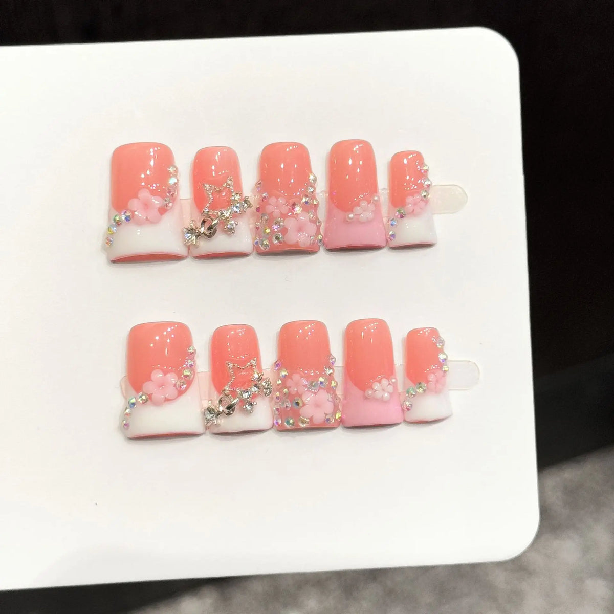 10pcs Short Duck Bill Press on Nails 3D Butterfly Flower False Nails Pink French Tip Nail Art Pearl Heart Rhinestone Fake Nails