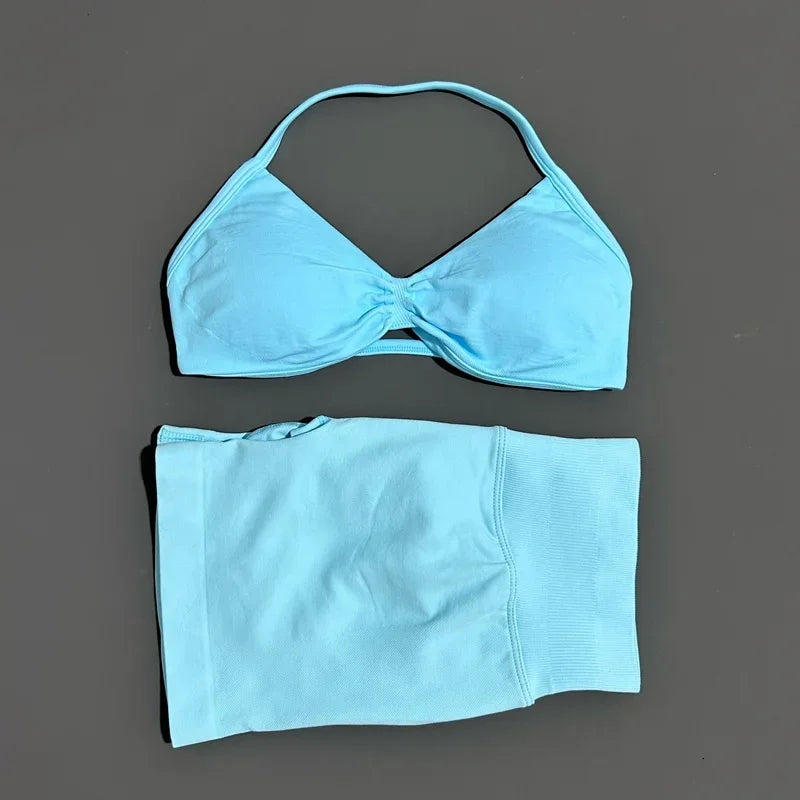 HISTELLO Sports Set 2 Piece Women Strappy Gym Yoga Bra Workout Scrunch Shorts Fitness Sports Suit Clothes Seamless Yoga Set