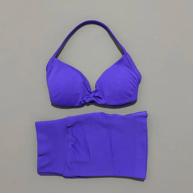HISTELLO Sports Set 2 Piece Women Strappy Gym Yoga Bra Workout Scrunch Shorts Fitness Sports Suit Clothes Seamless Yoga Set