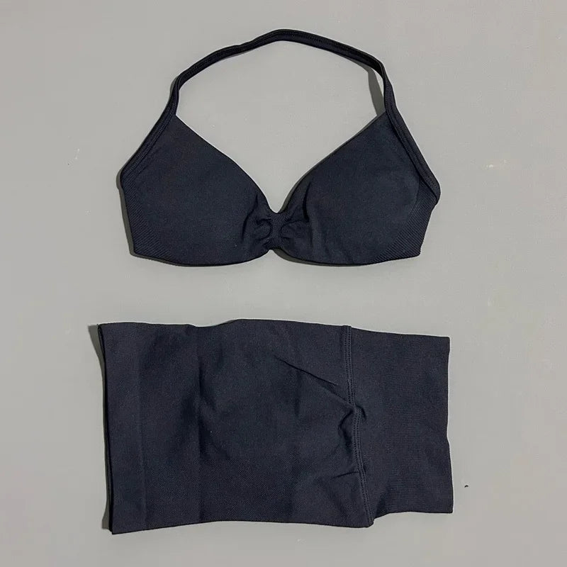 HISTELLO Sports Set 2 Piece Women Strappy Gym Yoga Bra Workout Scrunch Shorts Fitness Sports Suit Clothes Seamless Yoga Set